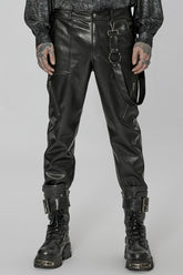 Black Faux Leather Detachable Metal Side Straps Men's Steampunk Pants